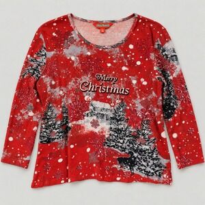 Holiday Traditions Christmas Top XL Red Sequin Winter Cabin Reindeer Festive